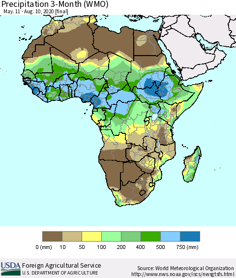 Africa Precipitation 3-Month (WMO) Thematic Map For 5/11/2020 - 8/10/2020