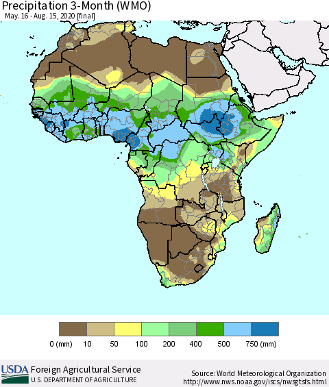Africa Precipitation 3-Month (WMO) Thematic Map For 5/16/2020 - 8/15/2020
