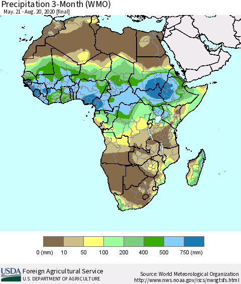 Africa Precipitation 3-Month (WMO) Thematic Map For 5/21/2020 - 8/20/2020