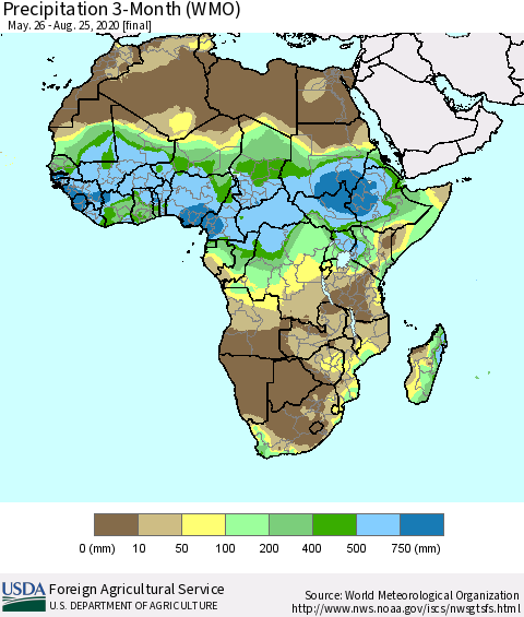 Africa Precipitation 3-Month (WMO) Thematic Map For 5/26/2020 - 8/25/2020