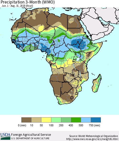 Africa Precipitation 3-Month (WMO) Thematic Map For 6/1/2020 - 8/31/2020