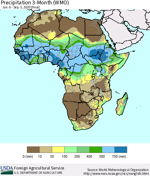 Africa Precipitation 3-Month (WMO) Thematic Map For 6/6/2020 - 9/5/2020