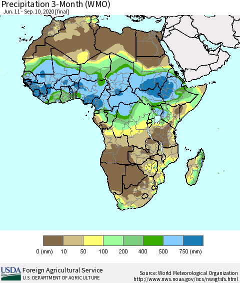 Africa Precipitation 3-Month (WMO) Thematic Map For 6/11/2020 - 9/10/2020