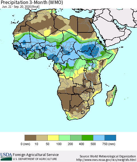 Africa Precipitation 3-Month (WMO) Thematic Map For 6/21/2020 - 9/20/2020