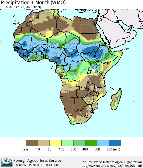 Africa Precipitation 3-Month (WMO) Thematic Map For 6/26/2020 - 9/25/2020