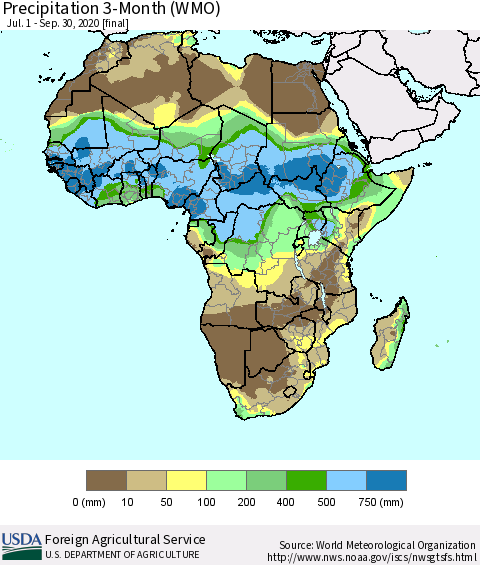 Africa Precipitation 3-Month (WMO) Thematic Map For 7/1/2020 - 9/30/2020