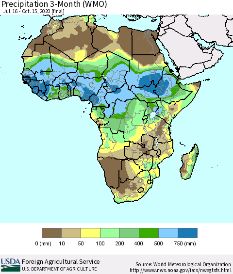 Africa Precipitation 3-Month (WMO) Thematic Map For 7/16/2020 - 10/15/2020