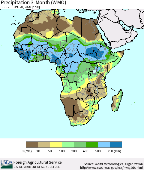 Africa Precipitation 3-Month (WMO) Thematic Map For 7/21/2020 - 10/20/2020