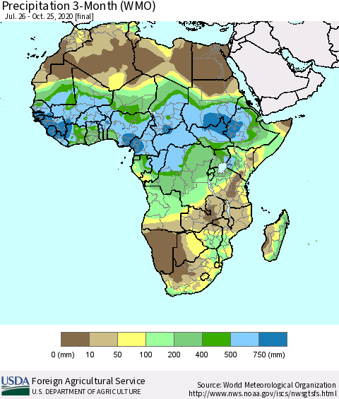 Africa Precipitation 3-Month (WMO) Thematic Map For 7/26/2020 - 10/25/2020