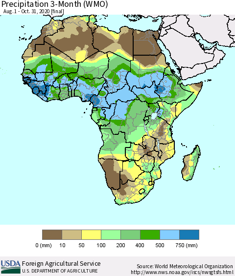 Africa Precipitation 3-Month (WMO) Thematic Map For 8/1/2020 - 10/31/2020