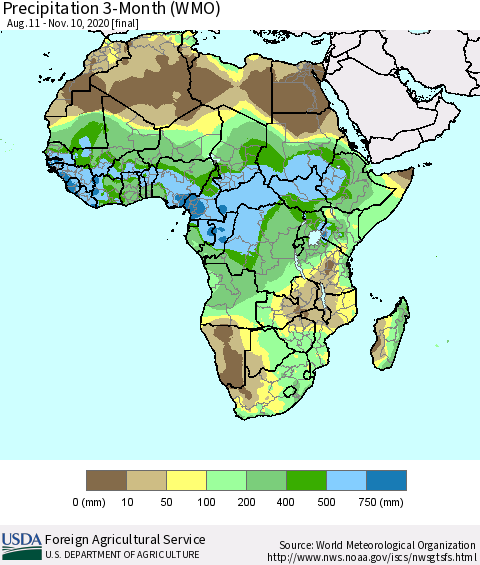 Africa Precipitation 3-Month (WMO) Thematic Map For 8/11/2020 - 11/10/2020