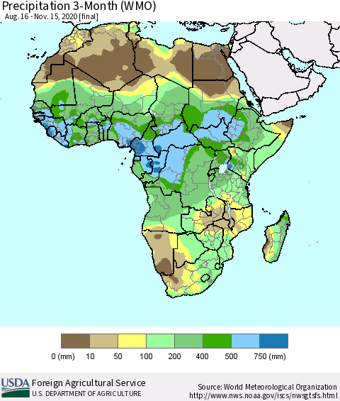 Africa Precipitation 3-Month (WMO) Thematic Map For 8/16/2020 - 11/15/2020