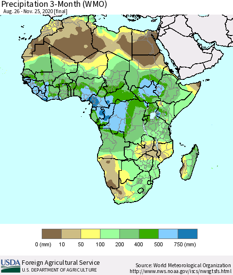 Africa Precipitation 3-Month (WMO) Thematic Map For 8/26/2020 - 11/25/2020