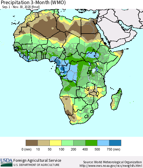 Africa Precipitation 3-Month (WMO) Thematic Map For 9/1/2020 - 11/30/2020