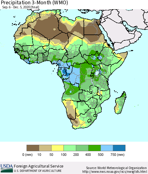 Africa Precipitation 3-Month (WMO) Thematic Map For 9/6/2020 - 12/5/2020