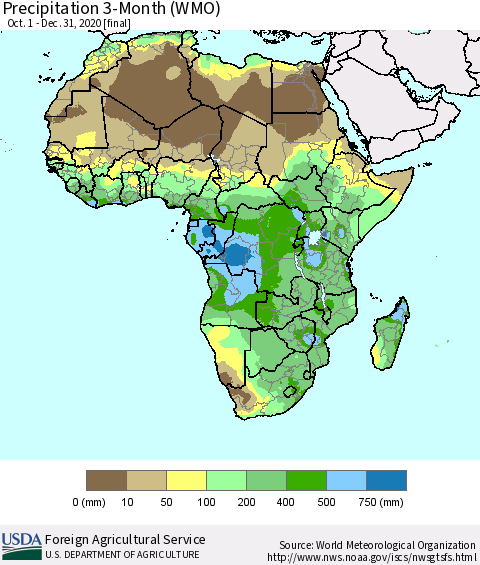 Africa Precipitation 3-Month (WMO) Thematic Map For 10/1/2020 - 12/31/2020