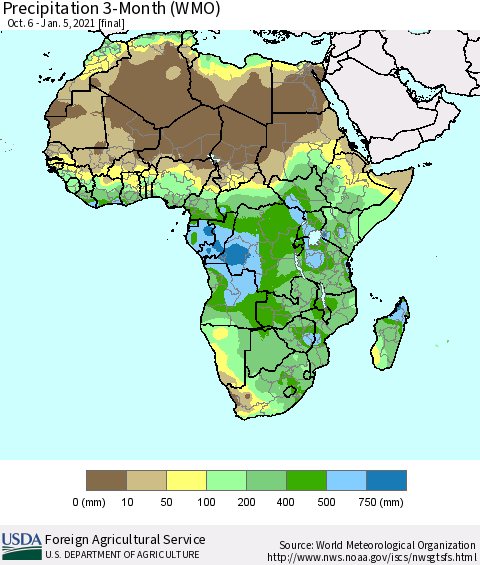 Africa Precipitation 3-Month (WMO) Thematic Map For 10/6/2020 - 1/5/2021