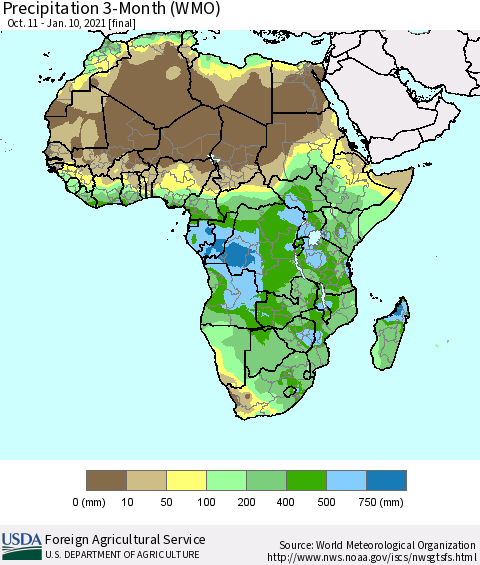 Africa Precipitation 3-Month (WMO) Thematic Map For 10/11/2020 - 1/10/2021