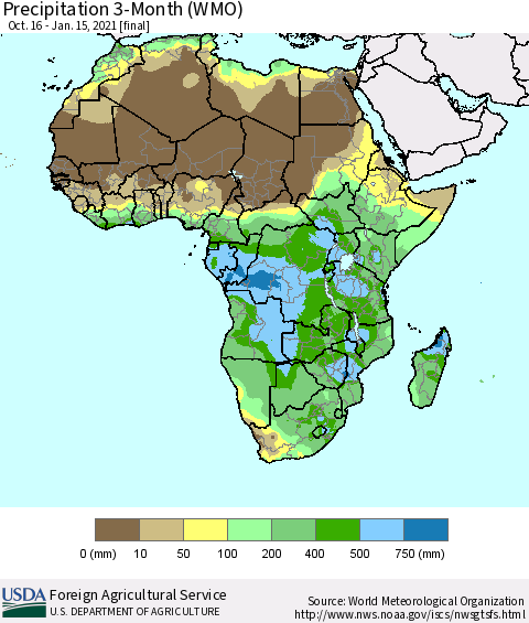 Africa Precipitation 3-Month (WMO) Thematic Map For 10/16/2020 - 1/15/2021