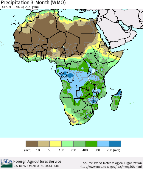 Africa Precipitation 3-Month (WMO) Thematic Map For 10/21/2020 - 1/20/2021