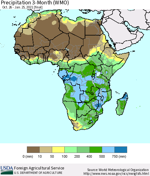 Africa Precipitation 3-Month (WMO) Thematic Map For 10/26/2020 - 1/25/2021