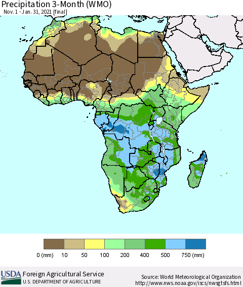 Africa Precipitation 3-Month (WMO) Thematic Map For 11/1/2020 - 1/31/2021