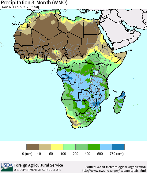 Africa Precipitation 3-Month (WMO) Thematic Map For 11/6/2020 - 2/5/2021