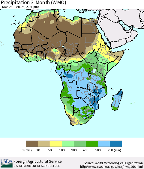 Africa Precipitation 3-Month (WMO) Thematic Map For 11/26/2020 - 2/25/2021