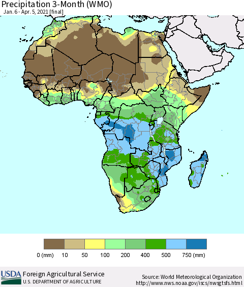 Africa Precipitation 3-Month (WMO) Thematic Map For 1/6/2021 - 4/5/2021