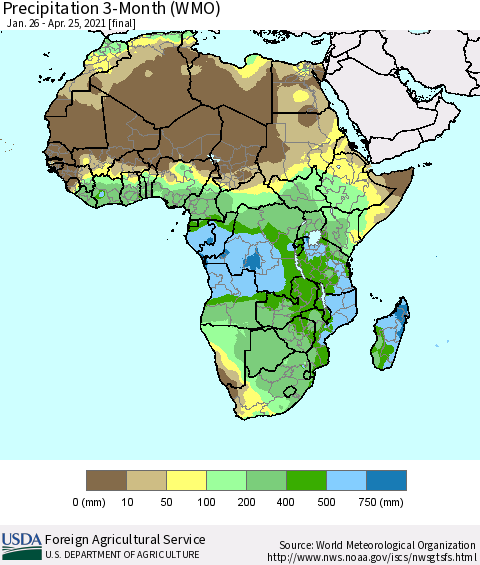 Africa Precipitation 3-Month (WMO) Thematic Map For 1/26/2021 - 4/25/2021