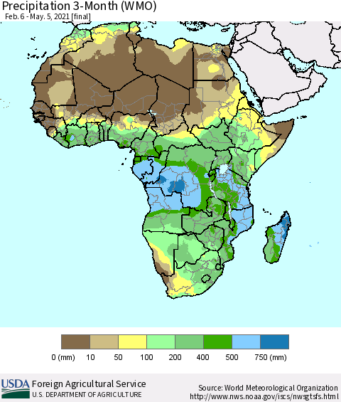 Africa Precipitation 3-Month (WMO) Thematic Map For 2/6/2021 - 5/5/2021