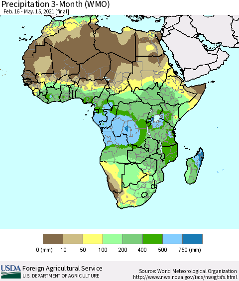 Africa Precipitation 3-Month (WMO) Thematic Map For 2/16/2021 - 5/15/2021