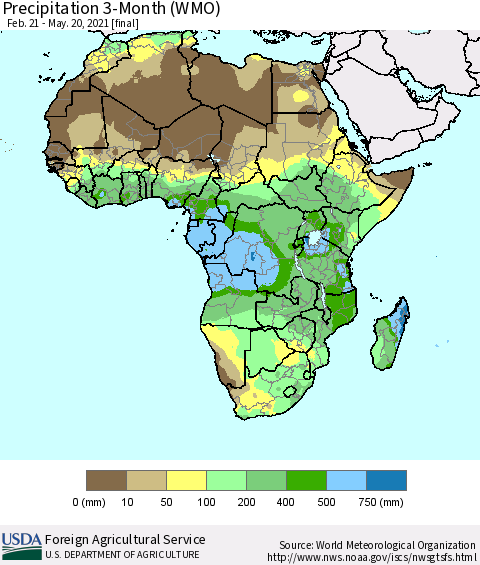 Africa Precipitation 3-Month (WMO) Thematic Map For 2/21/2021 - 5/20/2021