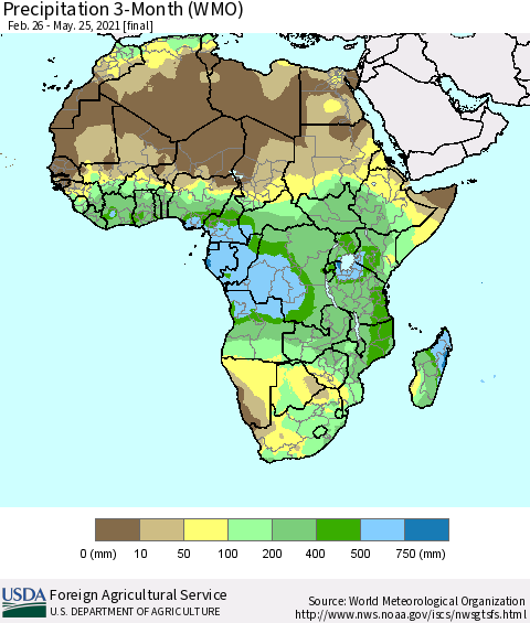 Africa Precipitation 3-Month (WMO) Thematic Map For 2/26/2021 - 5/25/2021