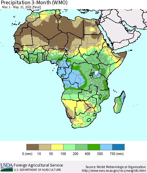 Africa Precipitation 3-Month (WMO) Thematic Map For 3/1/2021 - 5/31/2021