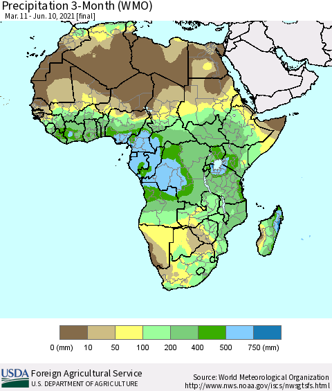 Africa Precipitation 3-Month (WMO) Thematic Map For 3/11/2021 - 6/10/2021