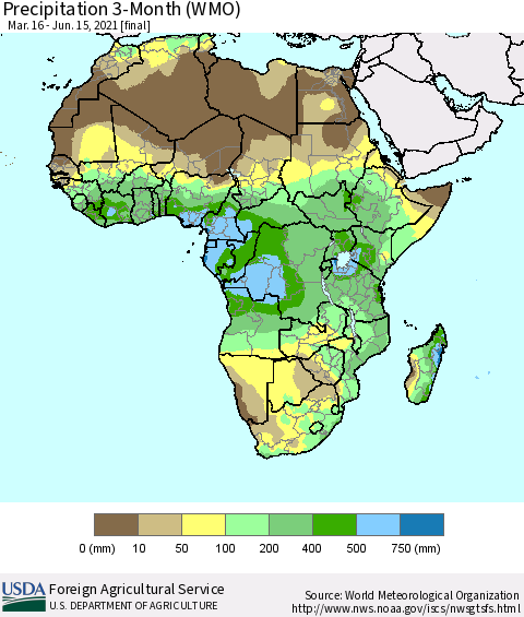 Africa Precipitation 3-Month (WMO) Thematic Map For 3/16/2021 - 6/15/2021