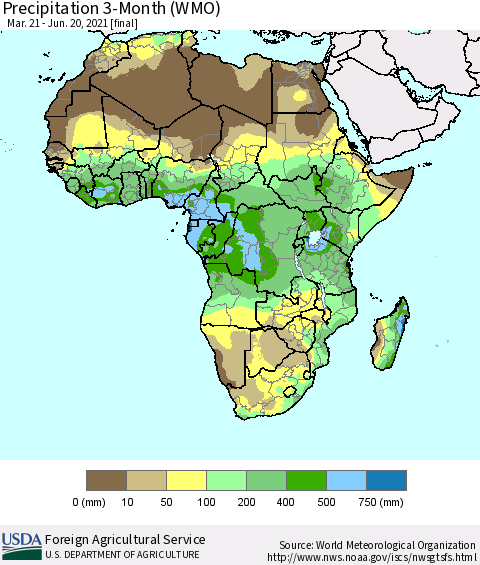 Africa Precipitation 3-Month (WMO) Thematic Map For 3/21/2021 - 6/20/2021