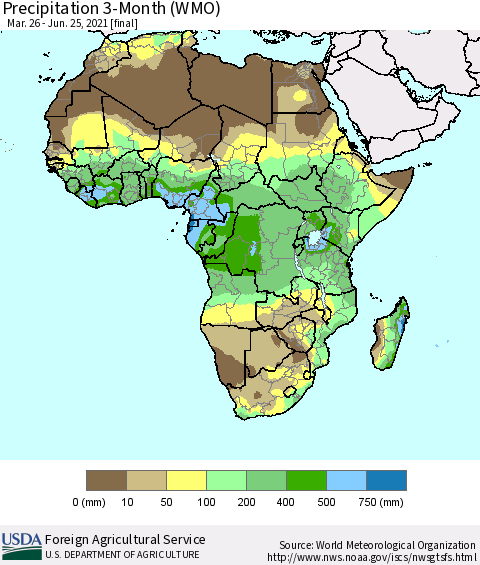Africa Precipitation 3-Month (WMO) Thematic Map For 3/26/2021 - 6/25/2021