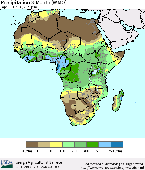 Africa Precipitation 3-Month (WMO) Thematic Map For 4/1/2021 - 6/30/2021