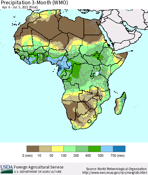 Africa Precipitation 3-Month (WMO) Thematic Map For 4/6/2021 - 7/5/2021