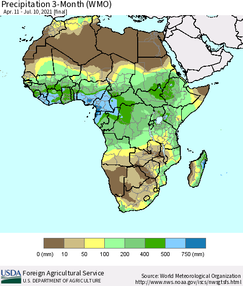 Africa Precipitation 3-Month (WMO) Thematic Map For 4/11/2021 - 7/10/2021