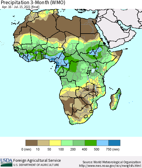 Africa Precipitation 3-Month (WMO) Thematic Map For 4/16/2021 - 7/15/2021