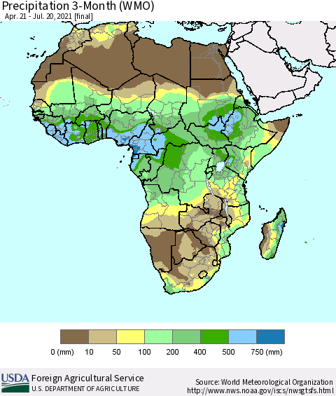 Africa Precipitation 3-Month (WMO) Thematic Map For 4/21/2021 - 7/20/2021