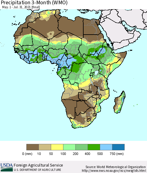 Africa Precipitation 3-Month (WMO) Thematic Map For 5/1/2021 - 7/31/2021