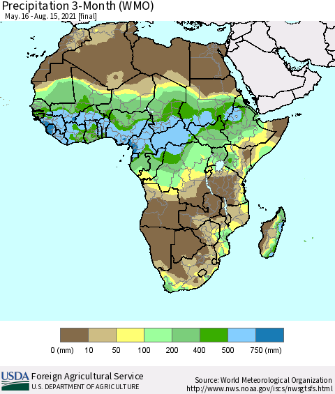 Africa Precipitation 3-Month (WMO) Thematic Map For 5/16/2021 - 8/15/2021