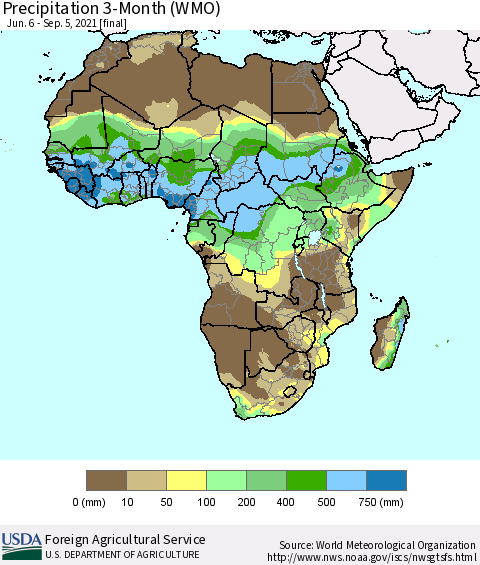Africa Precipitation 3-Month (WMO) Thematic Map For 6/6/2021 - 9/5/2021