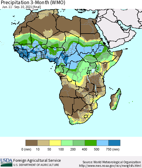 Africa Precipitation 3-Month (WMO) Thematic Map For 6/11/2021 - 9/10/2021