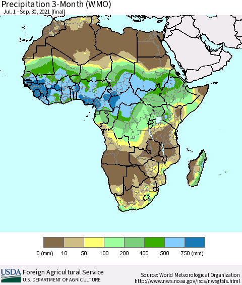 Africa Precipitation 3-Month (WMO) Thematic Map For 7/1/2021 - 9/30/2021