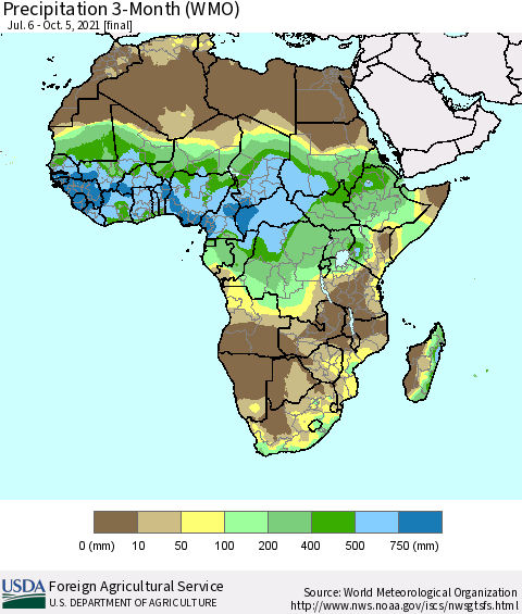 Africa Precipitation 3-Month (WMO) Thematic Map For 7/6/2021 - 10/5/2021